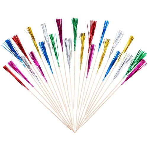 Tecunite 100 Pieces Firework Cupcake Toppers Foil Frill Toothpicks Holiday Cake Decorations 9 Inch Food Picks for Graduation Halloween Party Favors Supplies, Multicolored