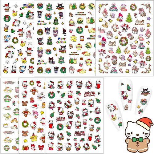 7 Pics 5D Christmas Nail Stickers, Small Cute Cartoon Nail Stickers for Kids, Girls and Women, Bulk Nail Charms, Accessories for Nail Art, Pegatinas para Uñas (Christmas)