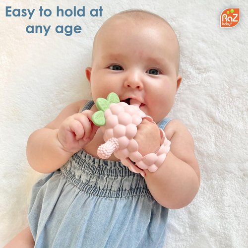 RaZbaby RaZberry Grip Silicone Teether Toy for 3M+ | Drop Resistant Hand Held Teether for Babies and Infants - Designed by Nature with Our Patented BerryBumps Multitextured Design | 3M+, Pink
