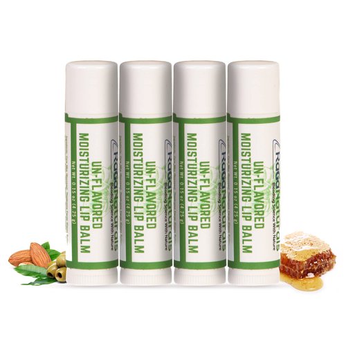 RaGaNaturals Unscented Lip Balm - 100% Natural Fragrance Free Moisturizing Lip Care for All Day Hydration - Original Beeswax, Shea Butter, Jojoba Oil, Vitamin E Infused - Pack of 4