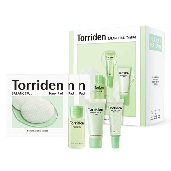 Torriden BALANCEFUL Cica Trial Kit, Gotu Kola Infused Daily Skincare Kit - 4 Step Regimen with Cleansing Gel, Toner Pad, Serum, and Cream | Korean Skin Care Holiday Gift Set | Stocking Stuffers