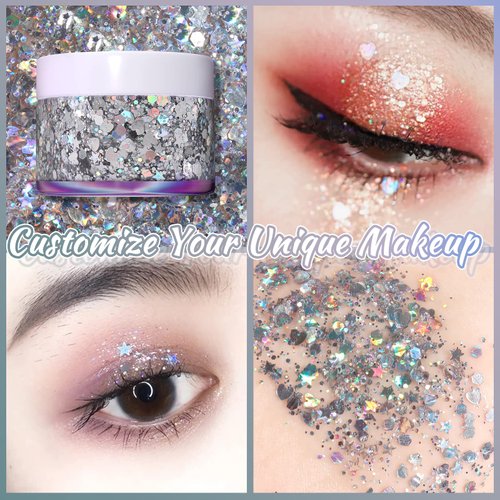 Boko 1.76oz Body Glitter Gel, Laser Silver Liquid Glitter for Face Hair and Body Makeup, Chunky Glitter for Halloween Christmas Rave Accessories and Mermaid Costume - Shining Galaxy