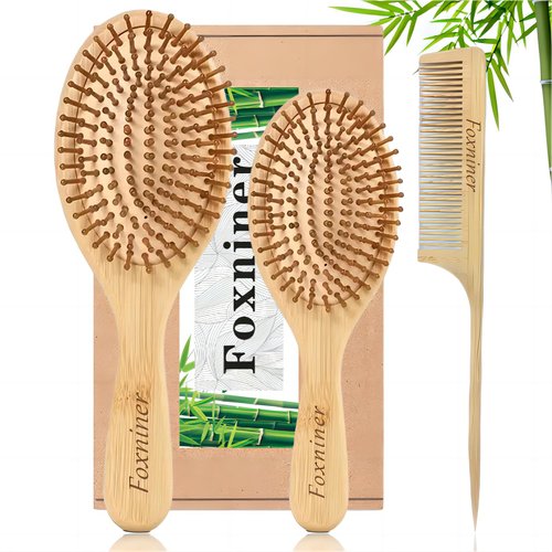 Foxniner Bamboo brush,bamboo hair brush,wooden hair brush,Eco Friendly Paddle Hairbrush for Women Men and Kids Make Thin Long Curly Hair Health and Massage Scalp· (Bamboo Hair Brush Set+1xcomb)