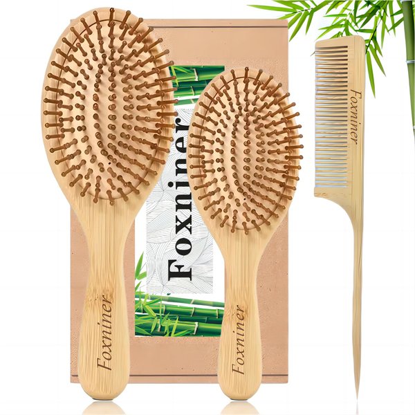 Foxniner Bamboo brush,bamboo hair brush,wooden hair brush,Eco Friendly Paddle Hairbrush for Women Men and Kids Make Thin Long Curly Hair Health and Massage Scalp· (Bamboo Hair Brush Set+1xcomb)