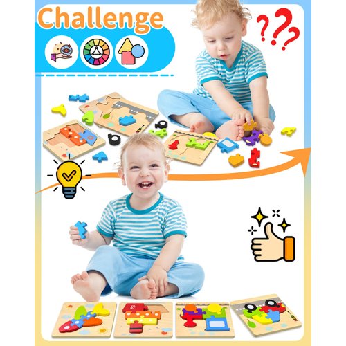 Wooden Puzzles Toddler Toys for 1 2 3 Years Old Boys Girls, 4 Vehicle Shape Learning Educational Blocks Birthday Gifts Sensory Toys Stocking Stuffers Montessori Toys Age 1-3, 2-4