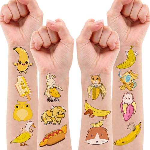 Cute Banana Temporary Tattoos 8 Sheets 90PCS Yellow Banana Party Decorations Supplies Favors Fruits Theme Birthday Cute Stickers Christmas Gifts for Boys Girls Class School Prizes Carnival