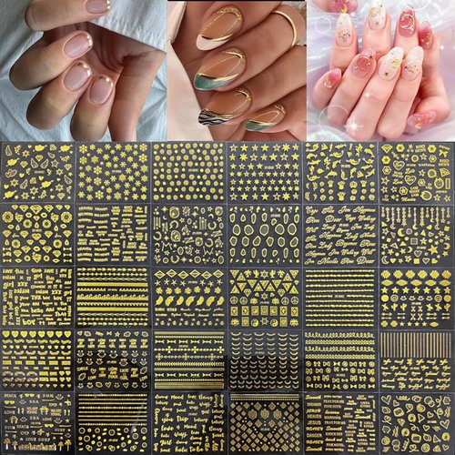 30 Sheets Gold Nail Art Stickers 3D Self-Adhesive Star Moon Nail Decals Holographic Heart Letter Snowflake Pattern Nail Supplies Gold Nail Art Design for Women Acrylic Nails Decoration Accessories
