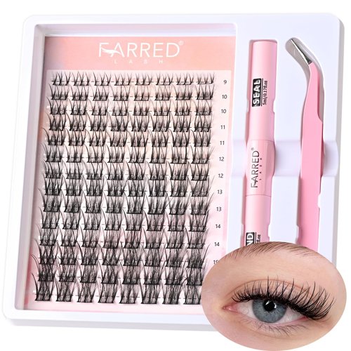 FARRED Lash Clusters Kit Individual Lashes Extensions Cat Eye Wispy Natural Eyelash Cluster Kit with Lash Bond and Lash Seal and Lash Tweezers DIY Eyelash Extensions Kit (DIY lash kit-Wispy)
