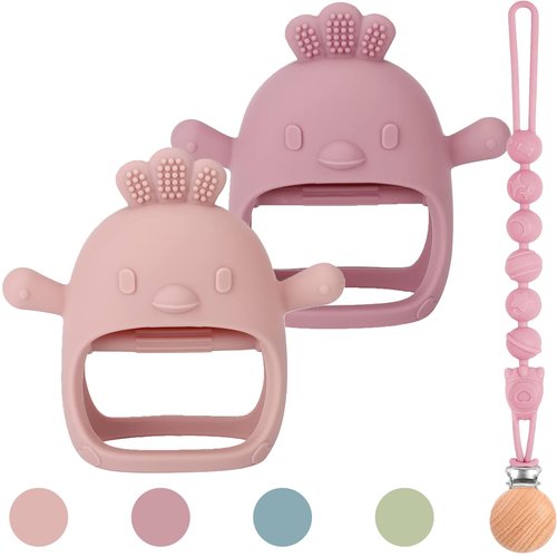 3 Packs Baby Teether Toy for 0-6 6-12 Months,Hold & Wear,BPA Free,Food Grade Silicone Teething Mitten, Anti Dropping Wrist Hand Teethers Baby Chew Toys for Sucking Needs(Pink & Dark Pink)