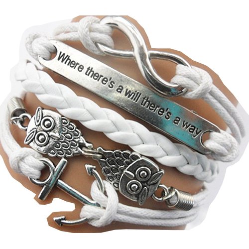 Ac Union Handmade Adjustable Leather Bracelet, with Infinity Anchors Owls Metal Charm Friendship Gift for Women Gril