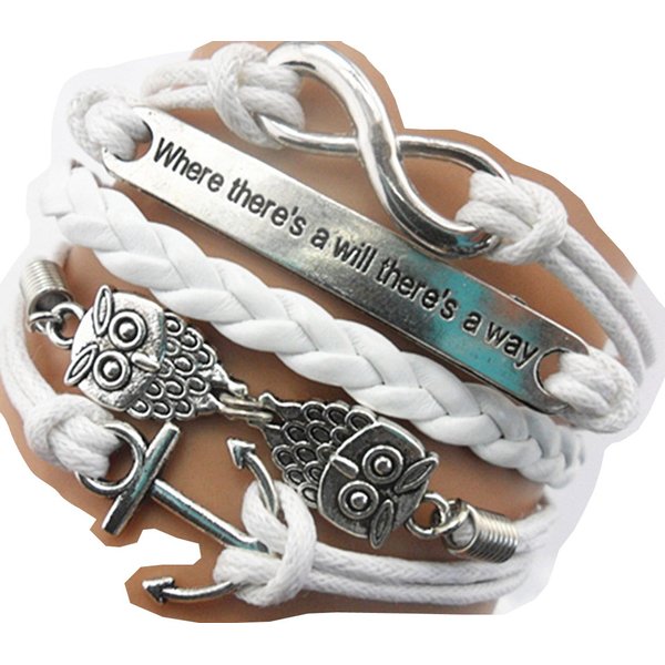 Ac Union Handmade Adjustable Leather Bracelet, with Infinity Anchors Owls Metal Charm Friendship Gift for Women Gril