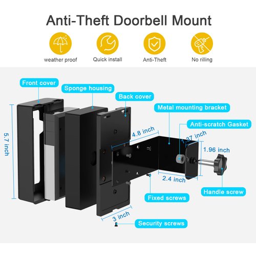 Anti-Theft Doorbell Door Mount,No-Drill Mounting Bracket for Video Doorbell 1/2/3/3 Plus/4/(2020 Release) Not Block Doorbell Motion Sensor for Home Apartment Office Room Rentals, Easy to Install