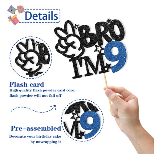 RoadSea Bro I'm 9 Cake Topper - Boy 9th Birthday Cake Supplies - Nine Years Old - Big Brother 9th Birthday Party Decoration - Black Glitter