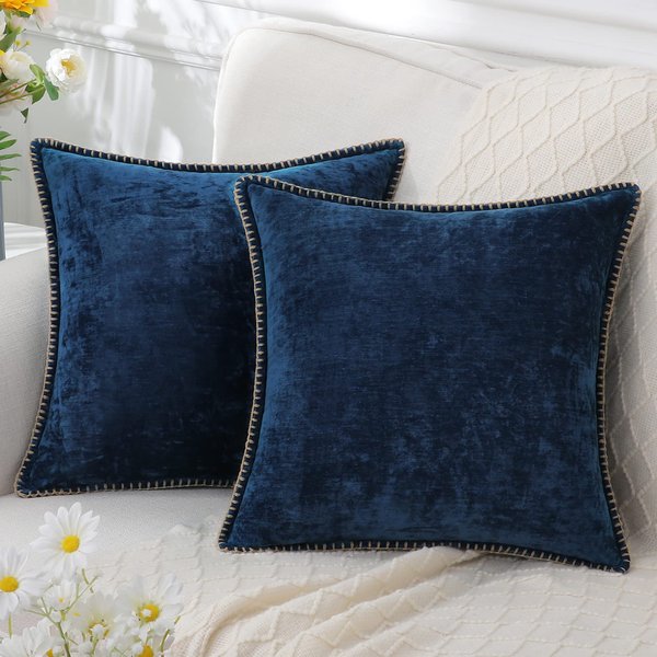 decorUhome Chenille Soft Throw Pillow Covers 24x24 Set of 2, Farmhouse Velvet Pillow Covers, Decorative Square Pillow Covers with Stitched Edge for Couch Sofa Bed, Poseidon