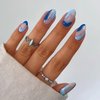 24 Pcs Blue Press on Nails Short, Oval Shape Fake Nails Almond Glossy Full Cover Reusable False Nails French Stripe Wave Artificial Acrylic Nails Women Glue on Nails Manicure Stick on Nails for Set
