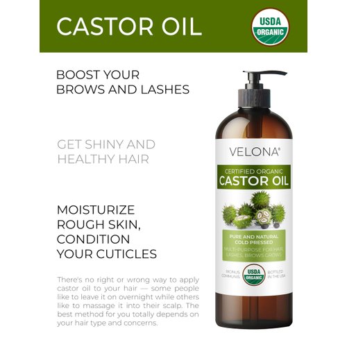 velona USDA Certified Organic Castor Oil - 16 fl oz (With Pump) | For Hair Growth, Boost Eyelashes, Eyebrows | Cold pressed, Natural Oil, USP Grade | Hexane Free, Lash Serum, Caster