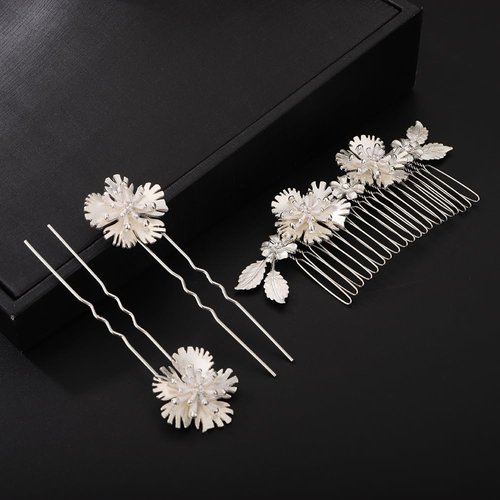 Teyglen Flower Bridal Hair Comb Hair Pins Leaf Bride Wedding Hair Comb Gold Silver Flower Leaf Headpiece Flower Hair Comb Clips Hair Accessories for Women Flower Girls (Silver)
