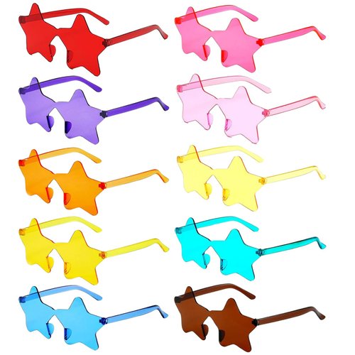 HELYKAKA 10 Pairs Star Shape Sunglasses Rimless Glasses Cute Bulk Colorful Sunglass for Adult Kids Pentagram Star Shaped Sunglasses Party Favors Eyewears Men Women Girls Birthday Gift
