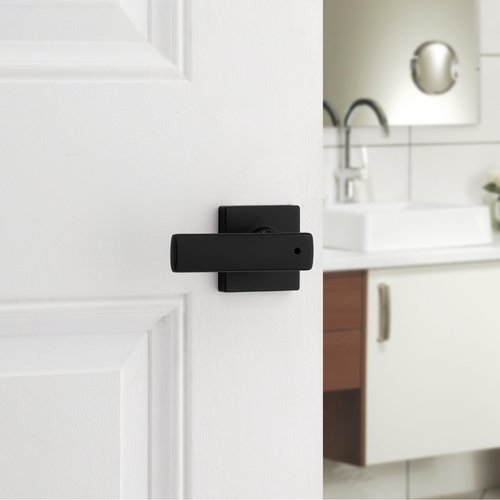 Kwikset Breton Interior Privacy Door Handle with Lock, Door Lever For Bathroom and Bedroom, Matte Black Reversible Keyless Turn Lock, with Microban Protection