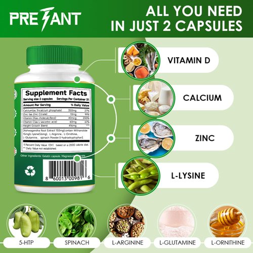 PRETANT-Growth Capsules to Grow Taller - Height Increase Maximizer with Calcium for Bone Strength -Natural Get Taller Supplement - Dietary Edible Healthcare Fitness