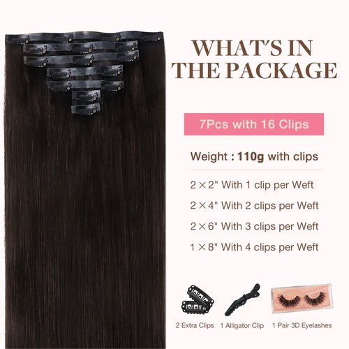 GOO GOO Clip in Hair Extensions Real Human Hair, 14inch 110g 7Pcs, 2 Dark Brown, Remy Human Hair Extensions Clip ins for Women, Natural Human Hair