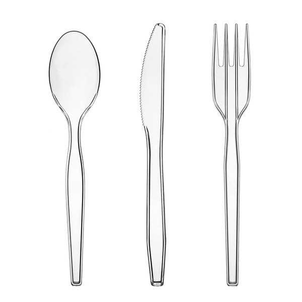 Party Essentials Medium Weight Plastic Cutlery Combo, Includes Knives/Forks/Spoons, 300 Pieces/100 Place Settings, Clear