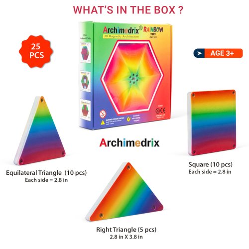 Archimedrix 25 pcs Rainbow Magnetic Tiles Building Blocks, STEM Magnetic Playset for Kids, Magnetic Building Tiles and Blocks for Creative Construction, Fun for Ages 3+