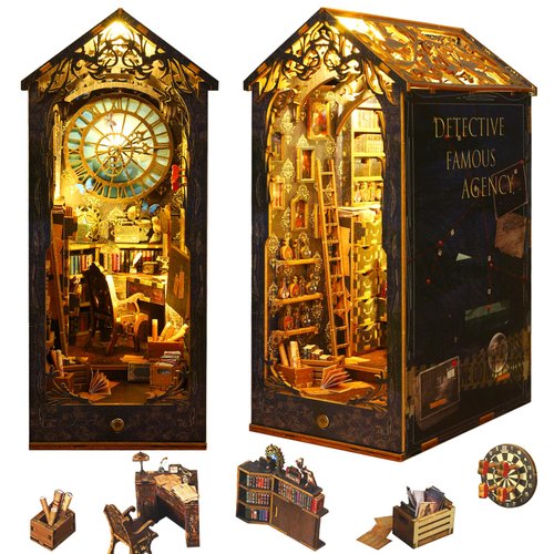 OurMiao Book Nook Kit Detective Agency, DIY Booknooks Kit for Adults Teens with Sensor Lights, Bookshelf Diorama Miniature Scenes Insert Decor, 3D Wooden Puzzle Miniature House Kit Gifts