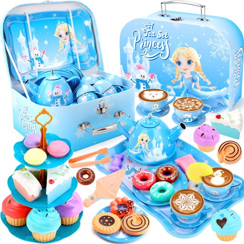 INNOCHEER Tea Party Set for Little Girls Toys, Frozen Toys for Girls Gifts, Tea Sets for Toddlers 3-5, Pretend Play Kitchen Toy, Birthday Christmas Princess Gifts Toys for 3 4 5 6 7 8+ Year Old Girls
