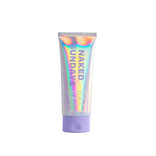 Naked Sundays SPF50 Golden Glow Body Sunscreen, Broad Spectrum UVA/UVB SPF50 Body Sunscreen, Glowy, Shimmering, Fragrance free, firming, Non-Transfer Lotion- 100ml