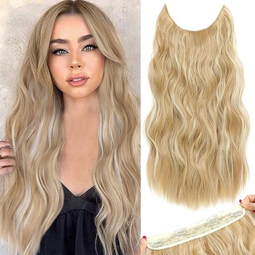 Clip in Halo Hair Extensions: Invisible Wire Hair Extension with Adjustable Size Transparent Headband 4 Secure Clips 20 Inch Long Curly Wavy Light Brown Mixed Blonde Secret Hairpieces for Women