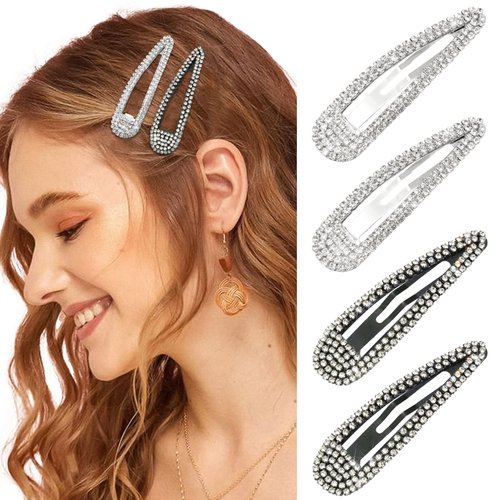 4Pcs Rhinestone Hair Clips Metal Snap Hairpins,Crystal Hair Barrettes Accessories for Girls Women,Bridal,Party,Wedding,Prom(2Pcs Silver 2Pcs Black)