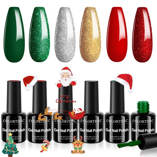 COLORTIFIC Christmas Gel Nail Polish, Salon Quality, 6 Colors Green Red Gold Silver Gel Polish Set Soak Off U V Led Nail Art Manicure DIY at Home Gift for Girls Women