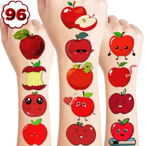 100 PCS Red Apple Temporary Tattoos Themed 1st Birthday Party Decorations Favors Supplies Decor Cute Fruit Back To School Classroom Tattoo Stickers Gifts For Game Boys Girls Classroom School Prizes