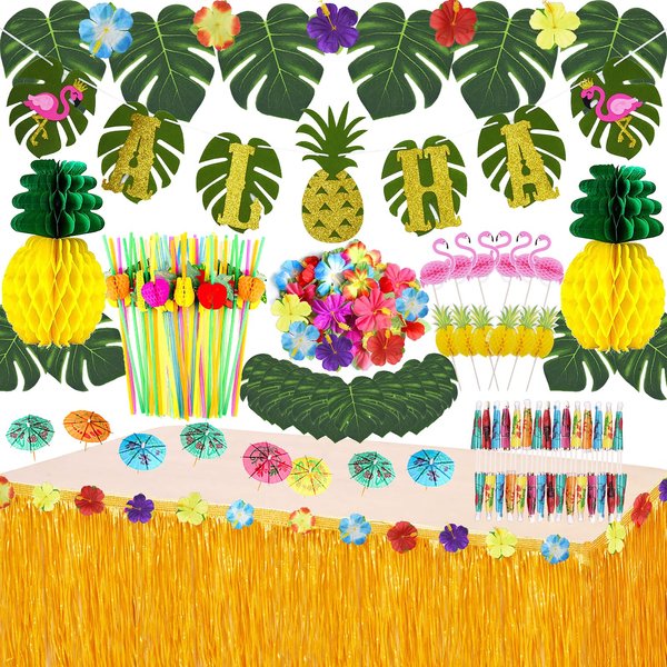 JOPHMO Tropical Luau Party Decoration Pack Hawaiian Beach Theme Party Favors Luau Party Supplies (112 PCS) including Banner, Table Skirt, Straws, Flamingo, Pineapple Décors.