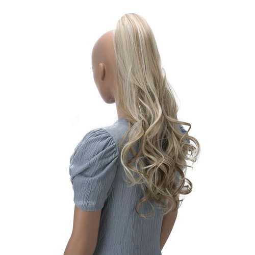 CAISHA 24" Long Hair Clip On Ponytail Extension Heat-Resistant Synthetic Hairpiece Slightly Wavy Dark Blonde Platinum Blonde Mix H508