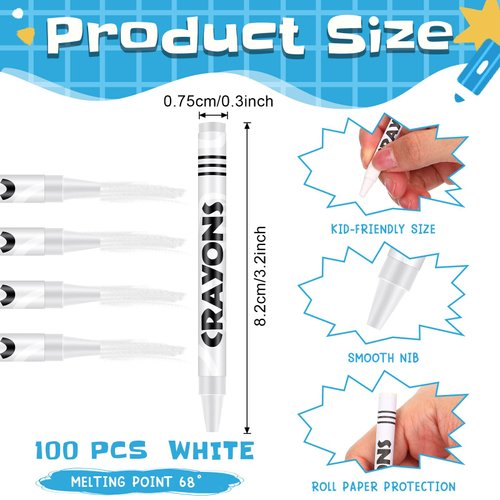 Tenceur 100 Pcs Single Color Crayon Bulk Crayons Coloring Crayon Party Favors Crayon Set Kids' Crayons for Kids Adults Teacher Painting Classrooms Groups Party School Art Gifts Supplies (White)
