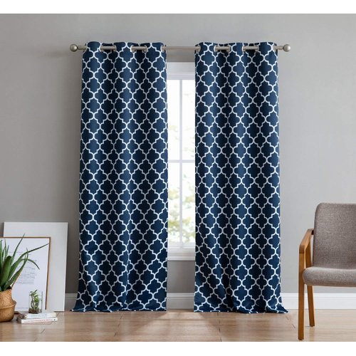 HLC.ME Lattice Print Geometric Blackout Curtains 72 Length - Thermal Insulated Noise Reduction Darkening Grommet Window Treatments Set Draperies for Bedroom - 2 Panels - 37 W x 72 L - Navy Blue
