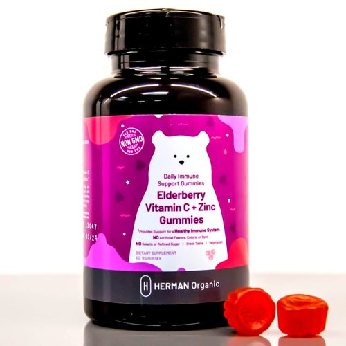 Herman Organic Elderberry Gummies with Vitamin C, Zinc and Sodium, Black Sambucus Elderberry for Kids and Adults, 3-in-1 Daily Immune Support Supplement, Gummy Vitamins for Women and Men, 60 Gummies