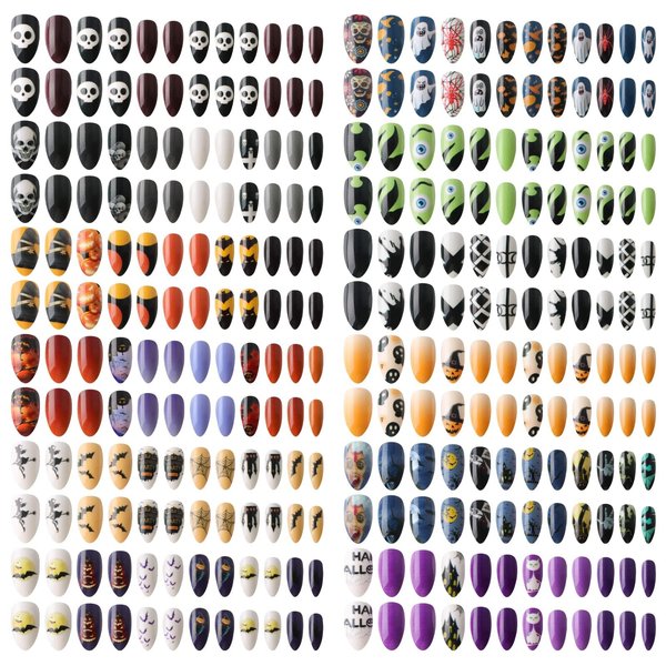 288PCS Halloween Fake Nails Lorvain Halloween Stiletto False Nails with Nail Adhesive Tabs Press on Nails Full Cover Glossy Skull Bat Pumpkin Artificial Fingernails for Women Girls Nail Art Decoration