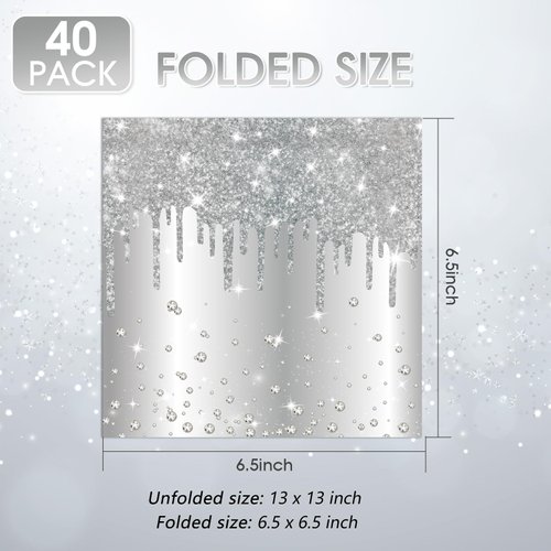 40PCS Happy Birthday Napkins Silver Diamond birthday decorations Silver Party Paper Napkins for Kids Girls Women Birthday Wedding Bridal Shower Party Supplies