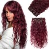 Burgundy Clip in Hair Extensions, Clip in Long Wavy Hair Extensions Human Hair 70G 7PCS Curly Clip in Hair Extensions for Women 18 Inch Long Remy Real Hair Hairpieces for Daily Party Use
