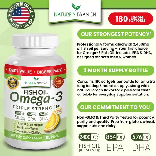 Best Triple Strength Omega 3 Fish Oil Pills - 180 Capsules - 2400mg High Potency Burpless Lemon Flavor 864mg EPA 576mg DHA Ultra Pure Liquid Softgels for Brain Joints Eyes Heart Health Supplement