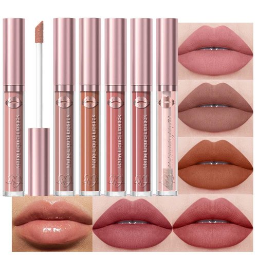 JUAAZIN 5Pcs Matte Liquid Lip Sticks + 1Pcs liquid lip oil set, Dusty Pink Rose Taupe Light Brown Pale Carmine Rose Vale Lip Gloss Set, Rich Colors Long-Lasting Wear Not Fade Waterproof Lip Gloss(set1