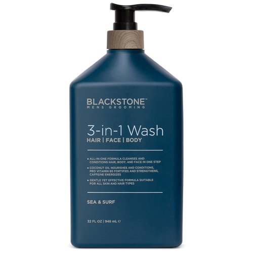 Blackstone Men's Grooming 3-in-1 Wash for Men | Cleanses & Conditions Hair, Body, & Face | For All Skin & Hair Types | With Coconut Oil, Vitamin B5 and Caffeine - Sea & Surf (32 Fl Oz)