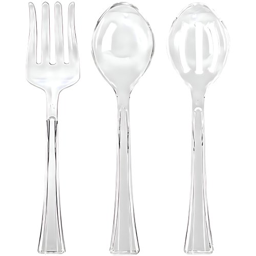 Lillian Clear Plastic Serving Utensils, Party Assorted Disposable Set, Pack of 3 (1 Spoon, 1 Slotted Spoon, 1 Fork) Clear, 12" Inches