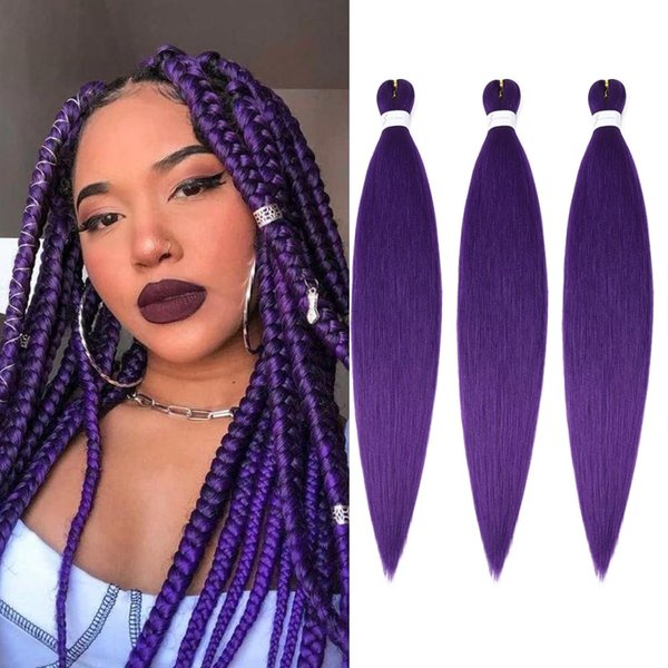 Purple Braiding Hair Extensions 16 Inch Pre stretched Braiding Hair Hot Water Setting Synthetic Hair Pre Stretched Crochet Braids Hair(16 Inch,3 Packs,Purple#）
