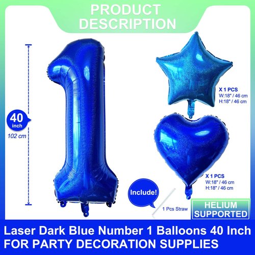 Blue Number 1 Balloons 40 Inch Giant Laser Navy Blue 1 Helium Balloons for Boys First Birthday Party Supplies 1st Anniversary Events Decorations