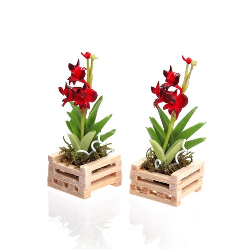 ablossom, Mini Red Orchid in Potting Basket Wood 1:12 Succulent Artificial Flower Clay Plant for Decoration Dollhouse Set of 2 Pieces.