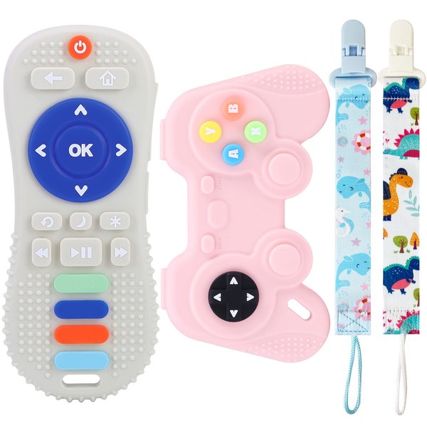 FXK Silicone Baby Teething Toys, 2 Pack TV Remote Control & Game Controller Shape Teether Toys, BPA Free Chew Toys Set for Babies 6-12 Months(Gray+Pink)